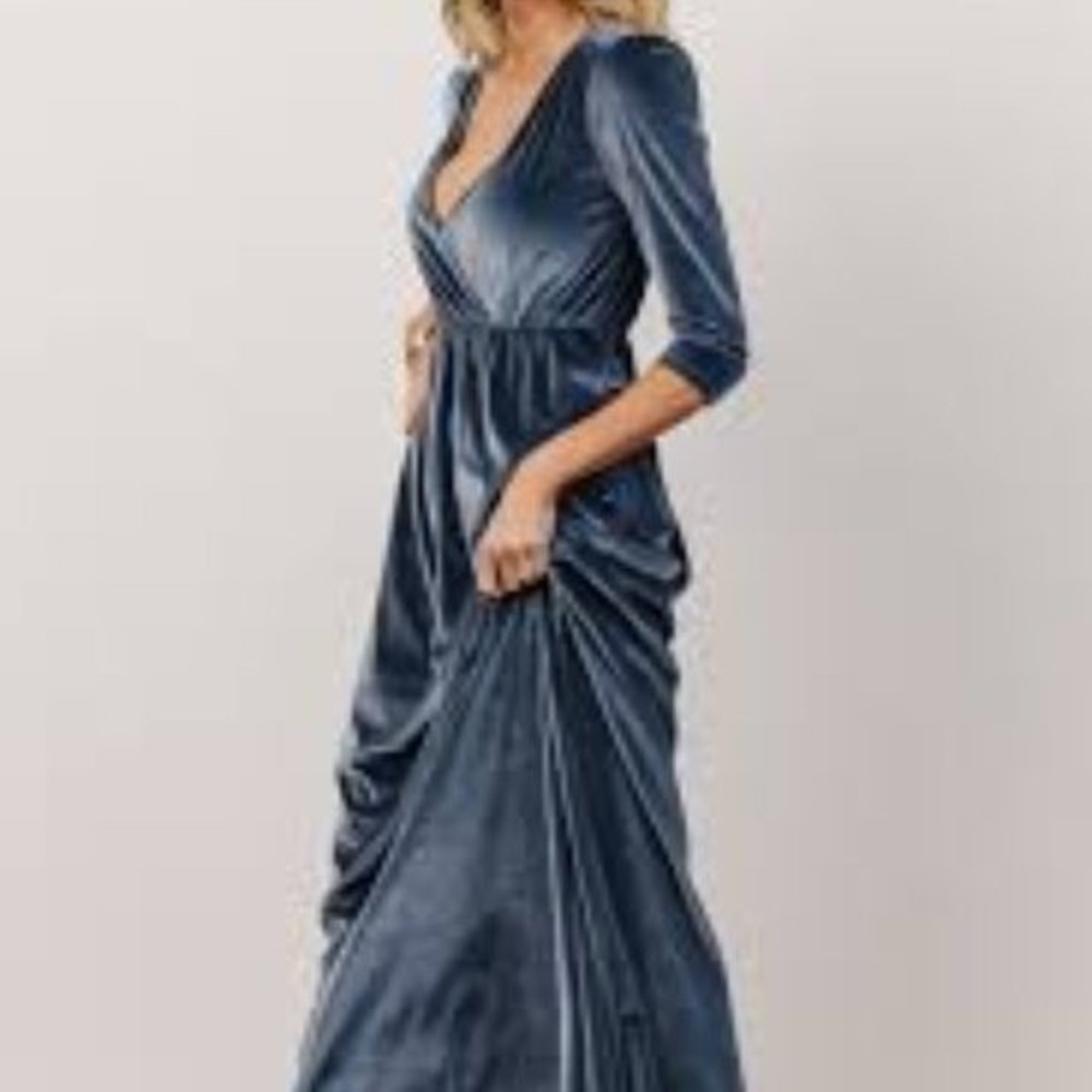 Baltic Born Velvet Maxi Dress Slate Blue V-Neck 3/4 Sleeve Formal Wedding